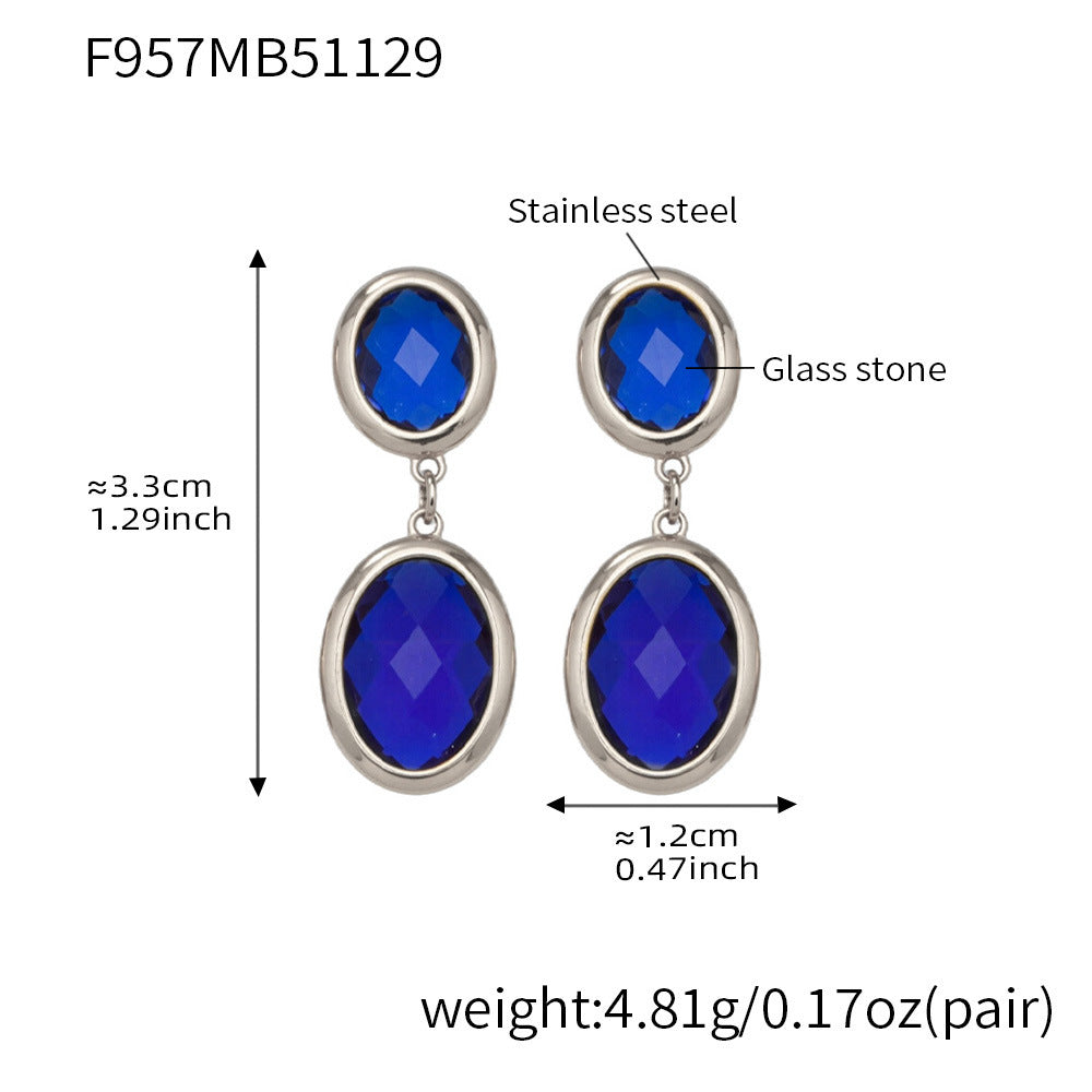 B廠【F957】不鏽鋼幾何橢圓吊墜切面玻璃石耳環ins小眾設計百搭耳飾鍍18k真金
 25.12-1