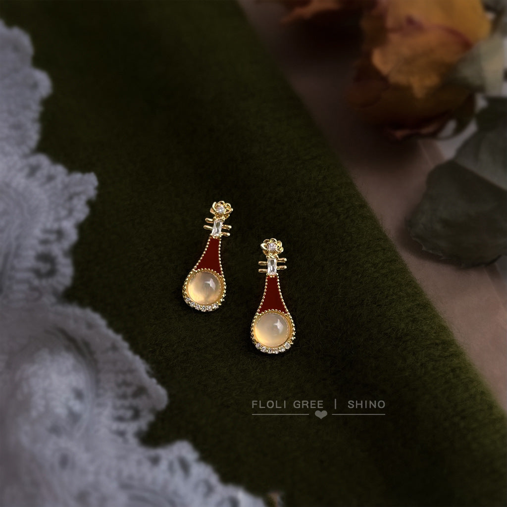 A廠【6836】原創琵琶~瑪瑙文藝氣質微鑲鋯石925銀針琺瑯滴釉酒紅色耳環耳飾女
 25.10-3