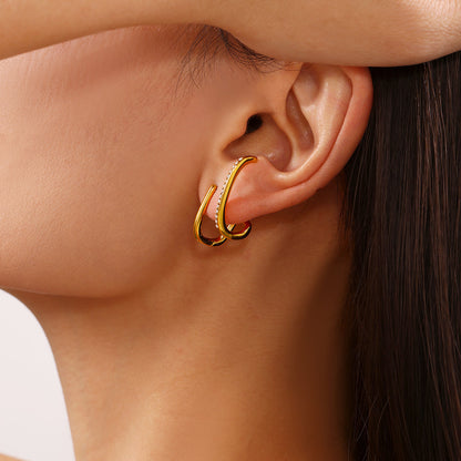 B廠【F444】輕奢線條手工鑲鋯石耳骨夾飾品耳扣秋冬百搭不銹鋼首飾 25.01-1