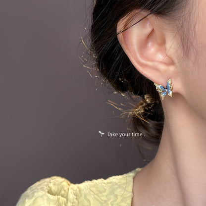 A廠【6167】【蝶群】幻彩蝴蝶琺瑯滴釉手工彩繪925銀針鍍14K新款耳飾耳環 25.06-1