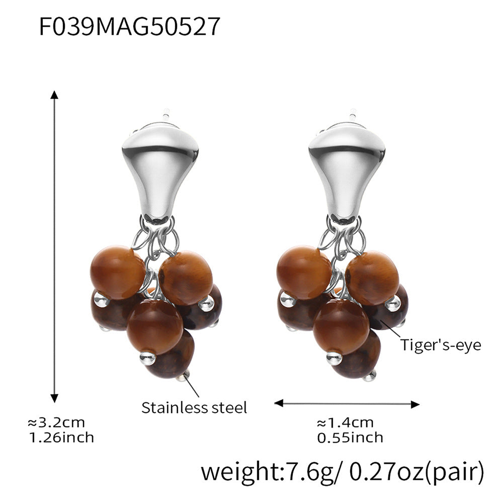 B廠【F039】歐美精緻女神新款耳環不鏽鋼材質虎眼石貝珠流蘇耳飾不掉色 25.07-1