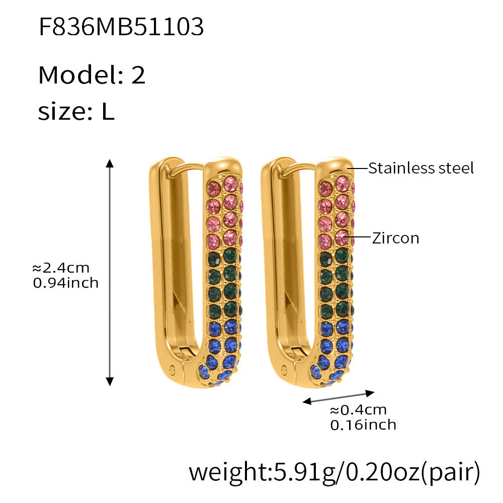 B廠【F836】跨國新款彩色5A鋯石長款U型耳扣耳圈不鏽鋼鍍18k真金不掉色
 25.11-2