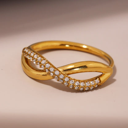 B廠【A053】新款彩色鋯石交叉細麻花食指戒不鏽鋼18K真金小眾通勤指環 25.03-3