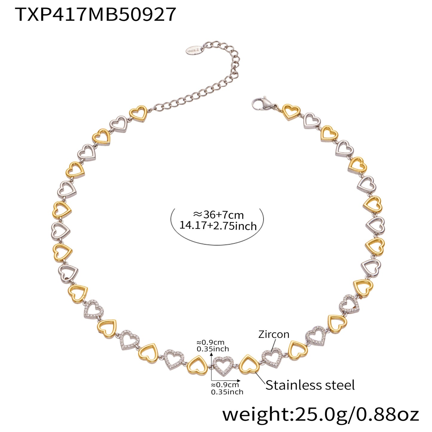 B廠【TXP417】跨境新款不鏽鋼滿鑽愛心手工鍊項鍊手鍊套組鍍18k真金飾品
 25.10-1