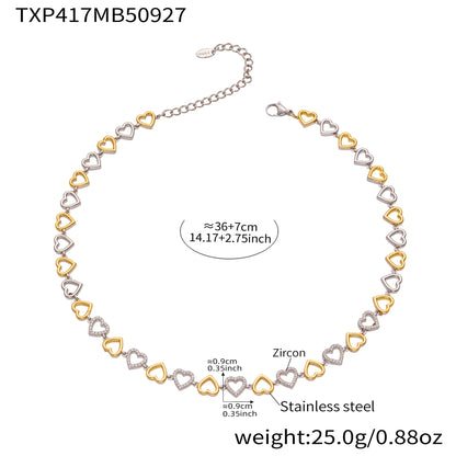 B廠【TXP417】跨境新款不鏽鋼滿鑽愛心手工鍊項鍊手鍊套組鍍18k真金飾品
 25.10-1