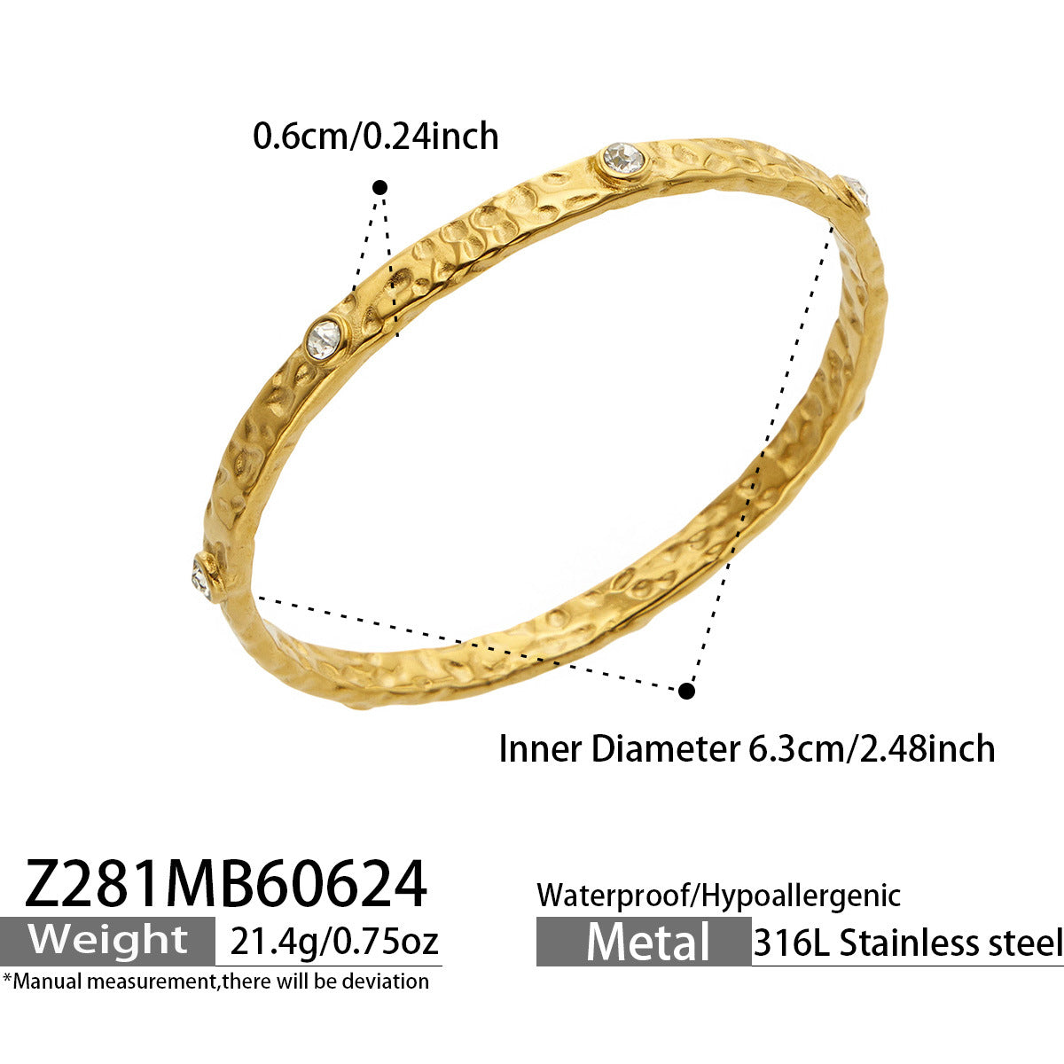 B廠【Z281】歐美飾品錘紋高拋光微鑲鋯石手鐲不鏽鋼鍍18k金跨境時尚網紅手飾 26.07-1