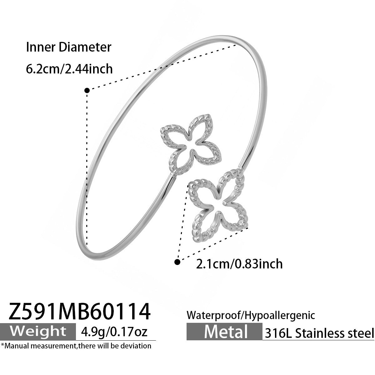 B廠【Z591】跨國個性簡約設計雙花鏤空開口手環不鏽鋼鍍18k真金時尚百搭手環
 26.03-2