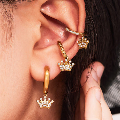 B廠【Q021】歐美飾品不鏽鋼U形皇冠鑲鋯石耳環鍍18k真金時尚耳環不掉色 25.08-5