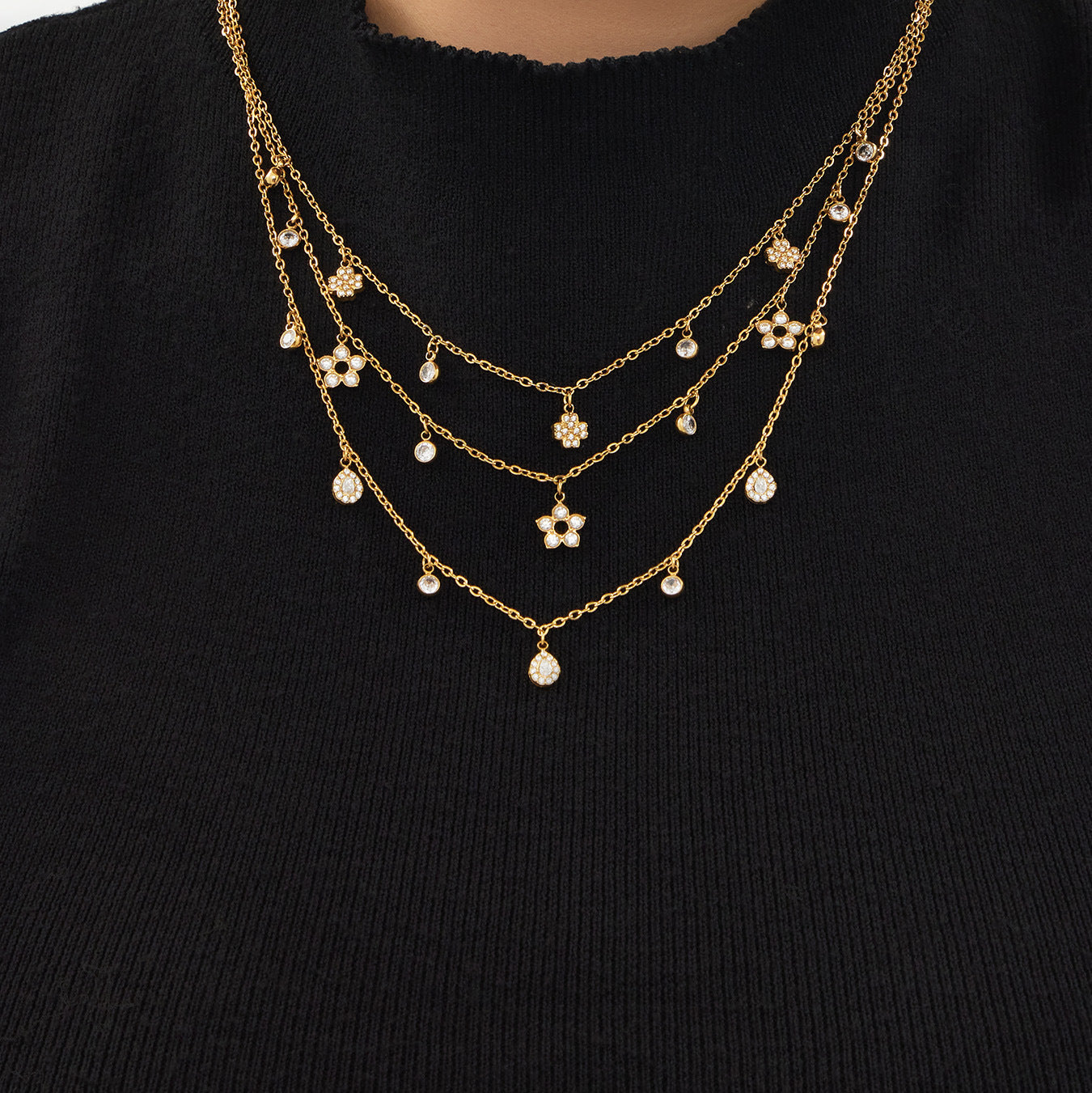 B廠【TXE571】歐美小眾五葉花鋯石小鑽DIY多吊墜項鍊手鍊不銹鋼鏈條鍍18k金套裝
 26.03-3