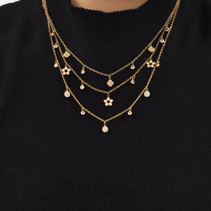 B廠【TXE571】歐美小眾五葉花鋯石小鑽DIY多吊墜項鍊手鍊不銹鋼鏈條鍍18k金套裝
 26.03-3