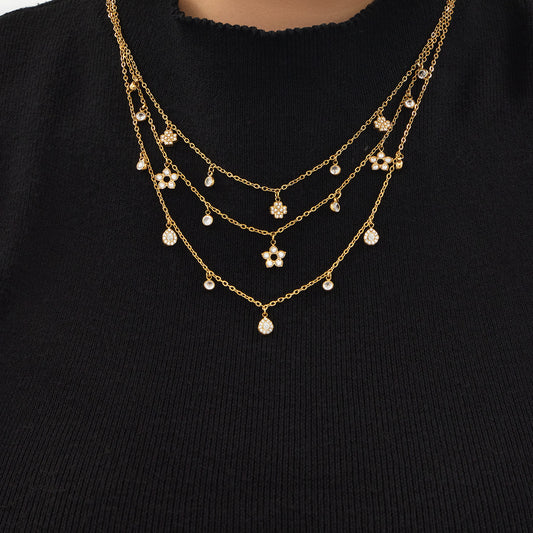 B廠【TXE571】歐美小眾五葉花鋯石小鑽DIY多吊墜項鍊手鍊不銹鋼鏈條鍍18k金套裝
 26.03-3