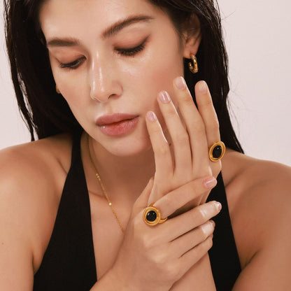 B廠【A686】不鏽鋼橢圓黑瑪瑙戒指輕奢感指環鈦鋼18K金手飾跨境rings 25.03-2