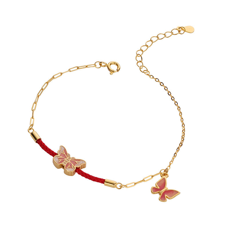 E廠【XDQ0020S】新中式琺瑯蝴蝶手鍊女S925純銀輕奢簡約花朵紅繩氣質手飾
 25.12-3