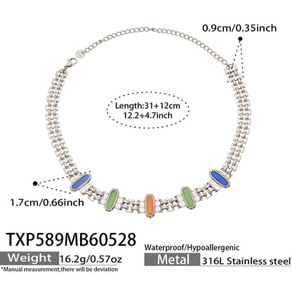 B廠【TXP589】歐美不鏽鋼鑲嵌鵝蛋貓眼石項鍊手鍊套裝跨境簡約輕奢時尚百搭首飾
 26.06-1