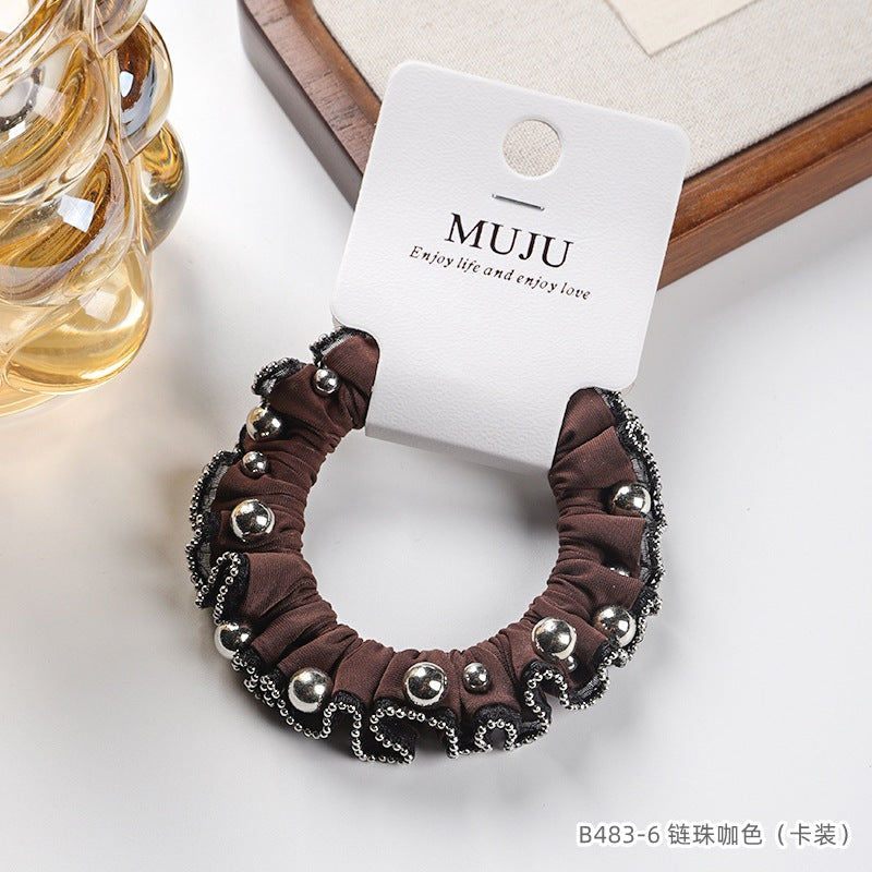 D廠【B483】卡片裝髮繩高級感釘珍珠髮圈時尚格紋蕾絲小腸圈頭繩髮飾綁馬尾皮筋
 25.10-5「D廠-單筆結帳需滿，NT$600出貨(不含運費)」