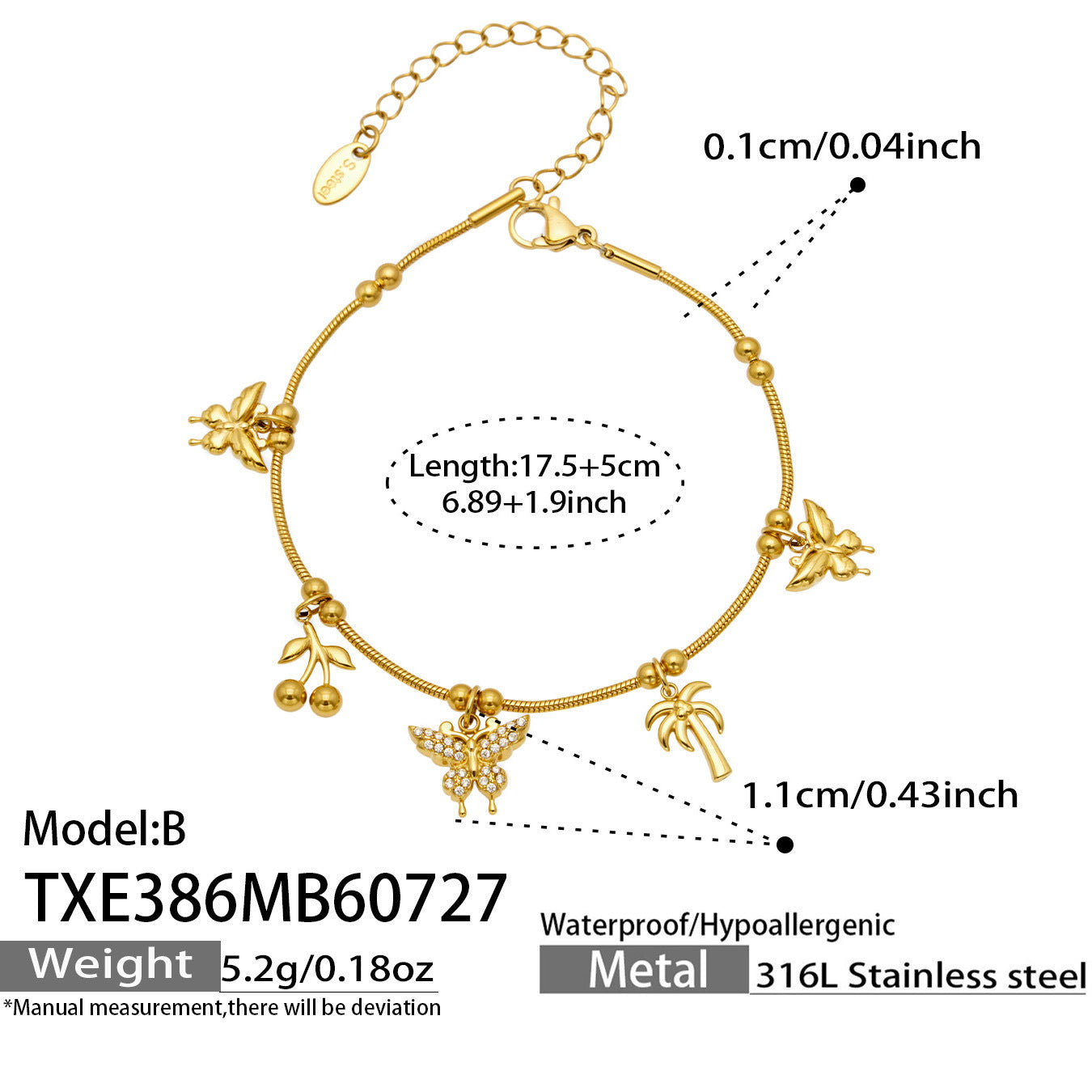 B廠【TXP386】夏日風蝴蝶圓珠吊墜項鍊手鍊 316不銹鋼鍍金輕奢高級感氣質飾品女
 26.07-5