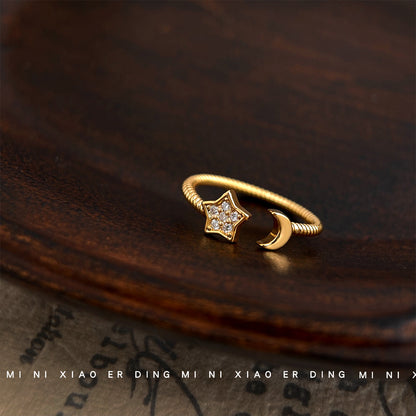 A廠【5549】鑲嵌鋯石電鍍真金高品質保色開口可調式戒指星星月亮戒指女食指戒 25.02-3