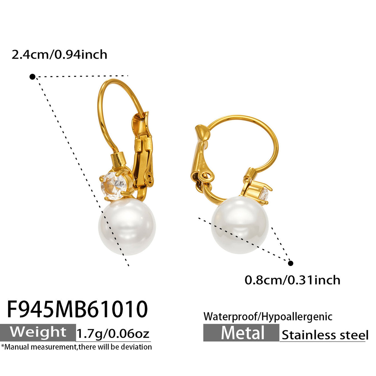 B廠【F945】貝珠鋯石耳墜不鏽鋼鍍18k金時尚氣質耳環
 26.10-4