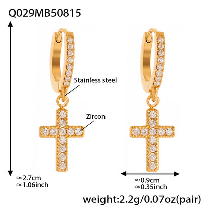 B廠【Q015】不鏽鋼超閃5A鋯石十字架耳環跨國簡約輕奢風耳環鍍18k真金 25.08-5
