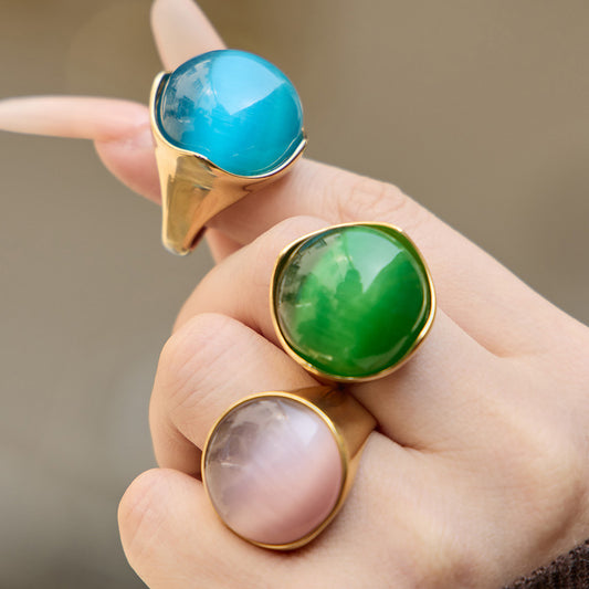 B廠【A622】歐美INS簡約氣質橢圓貓眼石戒指輕奢時尚個性手飾不鏽鋼鍍18k真金
 26.03-4