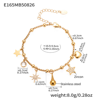 B廠【E155】精緻多配件鈴鐺八芒星吊墜鑲鋯石手鍊組合不鏽鋼鍍18k真金
 25.09-1