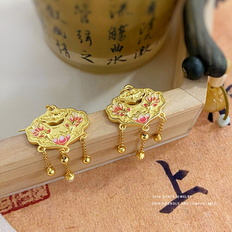 E廠【YC9908E】S999足銀本命年雙魚蓮花平安鎖珍珠耳墜女國風高級感耳飾 24.02-3