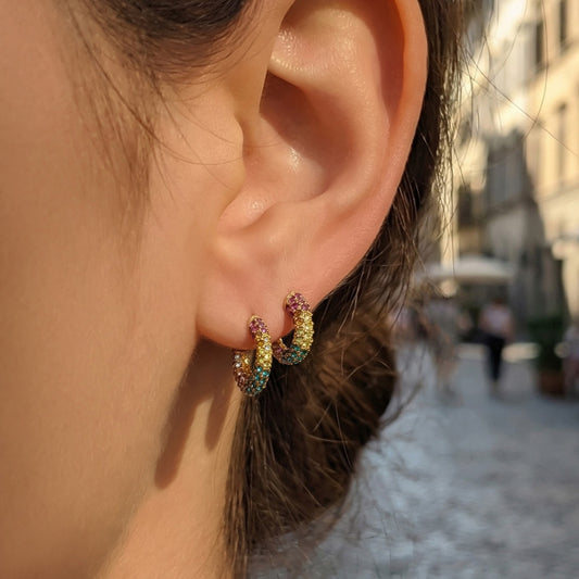 B廠【F1598】歐美INS高級感C型鑲彩鑽耳環不鏽鋼18k鍍金中古風滿鑽時尚耳環
 26.03-3