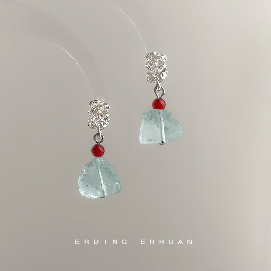 A廠【6921】清冷感水透海藍水晶天然石時尚清新甜美碎石耳環度假風新款耳環女
 25.10-3