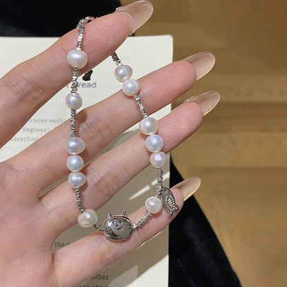E廠【DQ0605S】S925純銀淡水珍珠碎銀子手鍊女萌趣貓咪小魚精緻氣質手飾
 25.10-2