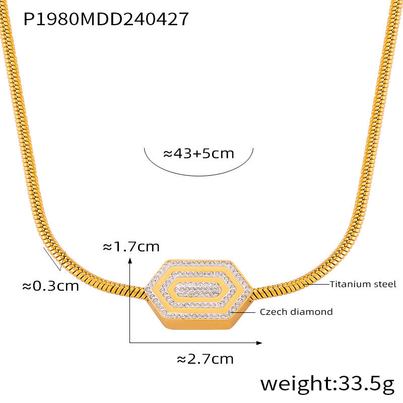 B廠【P1980-E070】法式新款六角形鑲鑽鈦鋼鍍18K金項鍊時尚簡約設計幾何吊墜套裝女 24.05-1