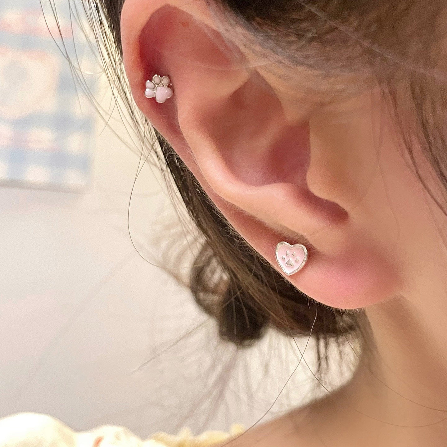 E廠【XDQ10725E】S999純銀韓版精緻貓爪愛心耳環女可愛甜美粉色心形百搭耳飾潮
 26.04-1