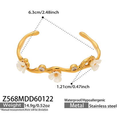B廠【Z568】新中式ins時尚設計不鏽鋼5A鋯石花朵C型開口手鐲不鏽鋼鍍18k真金
 26.01-4