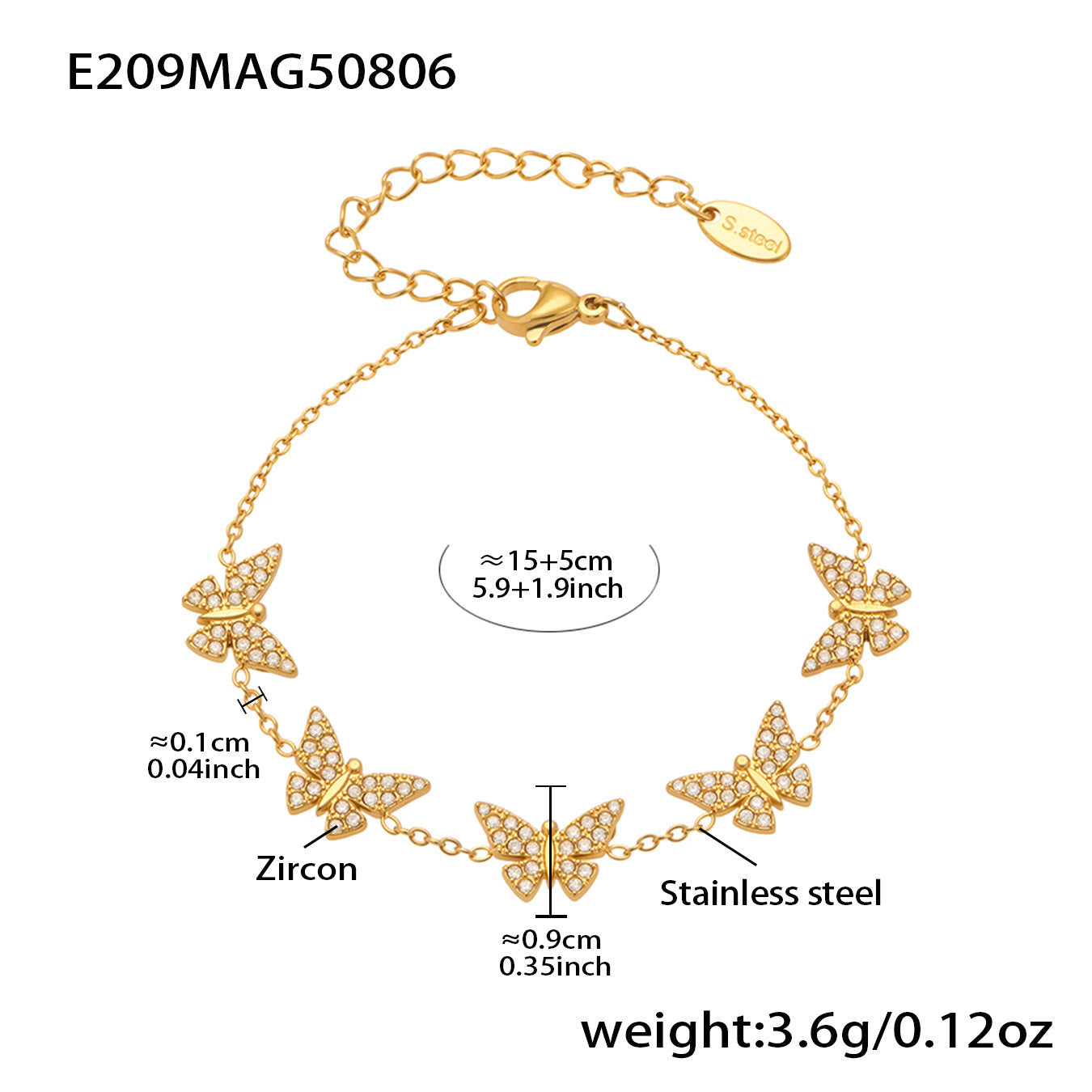B廠【E209】INS風簡約手鍊不鏽鋼蝴蝶鑲鋯石飾品跨境新款手飾鍍18k真金 25.08-3