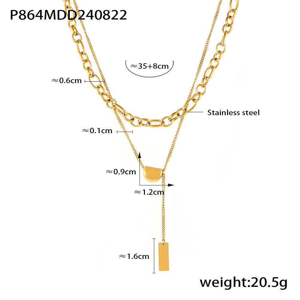 B廠【P864】小眾設計感輕奢ins潮 相思豆吊墜不鏽鋼鍍18k真金方牌雙層項鍊女 24.08-5