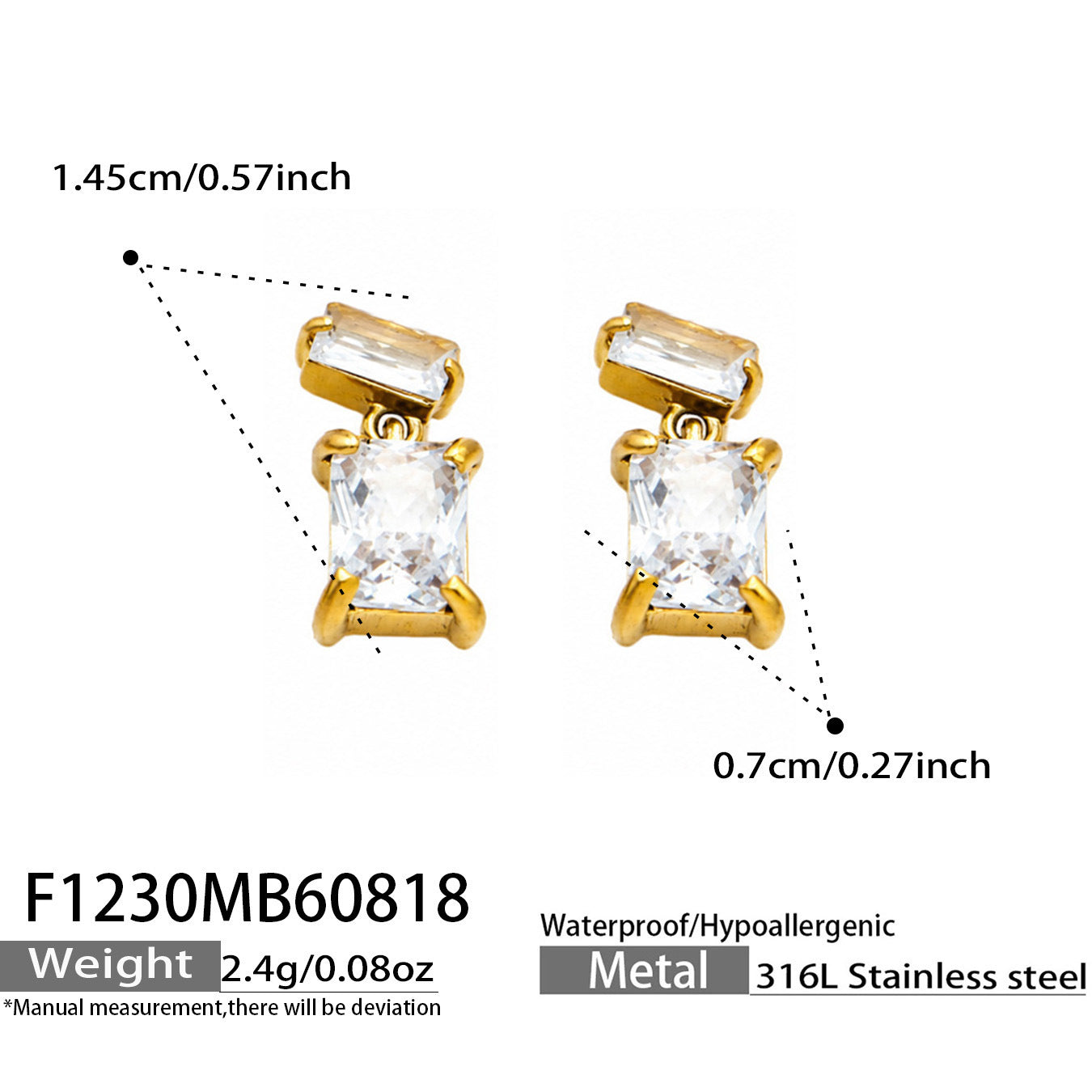 B廠【F1230】跨境方塊鈦鋼鍍18k金鋯石不銹鋼耳墜女ins時尚輕奢女飾品耳環套裝
 26.08-4