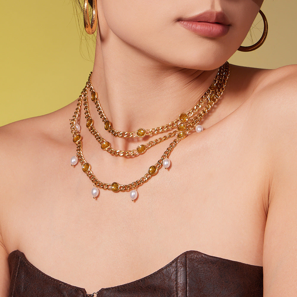 B廠【TXP496】歐美熱銷款仿珍珠流蘇項鍊手鍊不鏽鋼鍍18k金ins小眾設計首飾套裝
 25.11-4