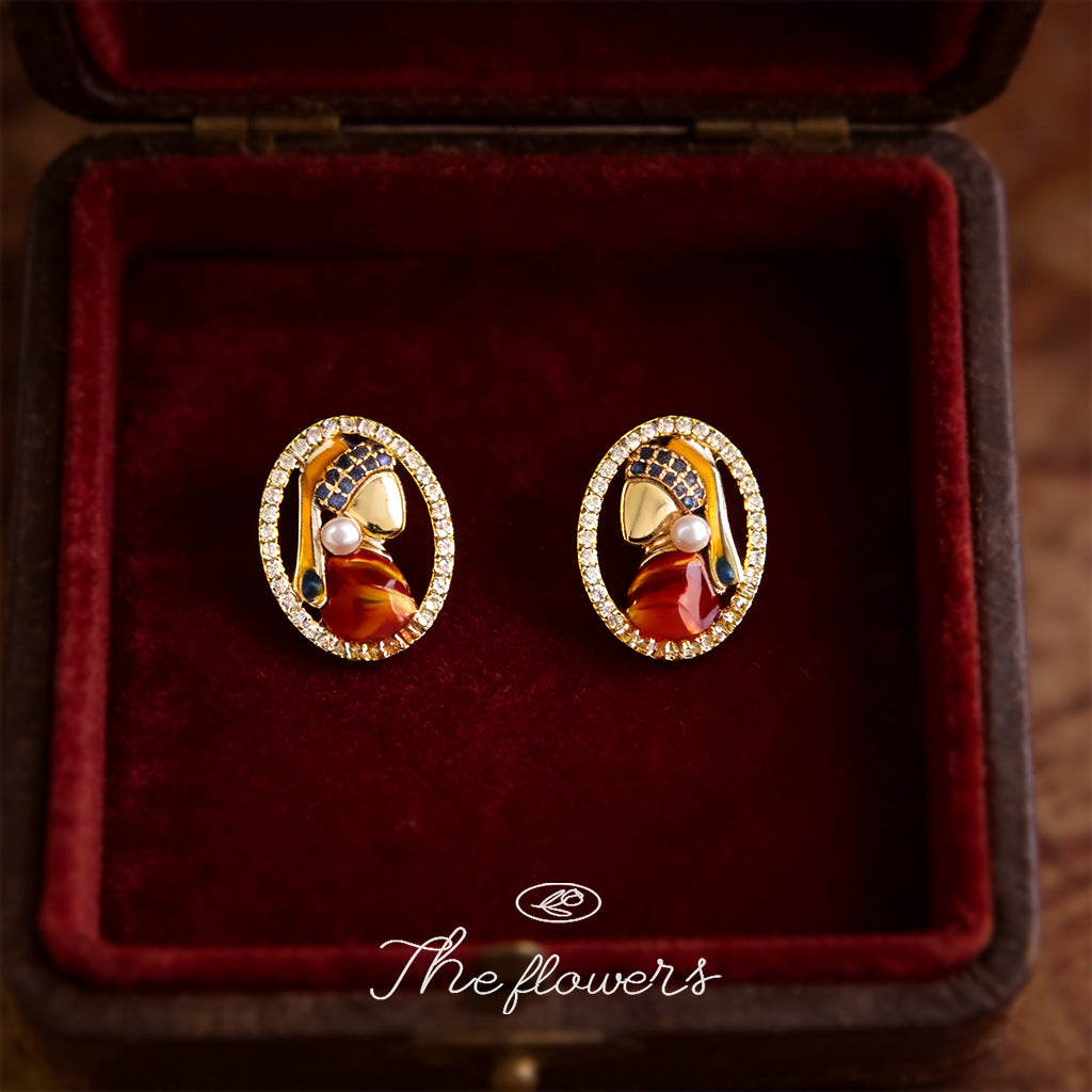 A廠【7239】原創珍珠少女925銀針微鑲鋯石手工彩繪人像幾何耳飾 新款文藝耳環
 25.12-3