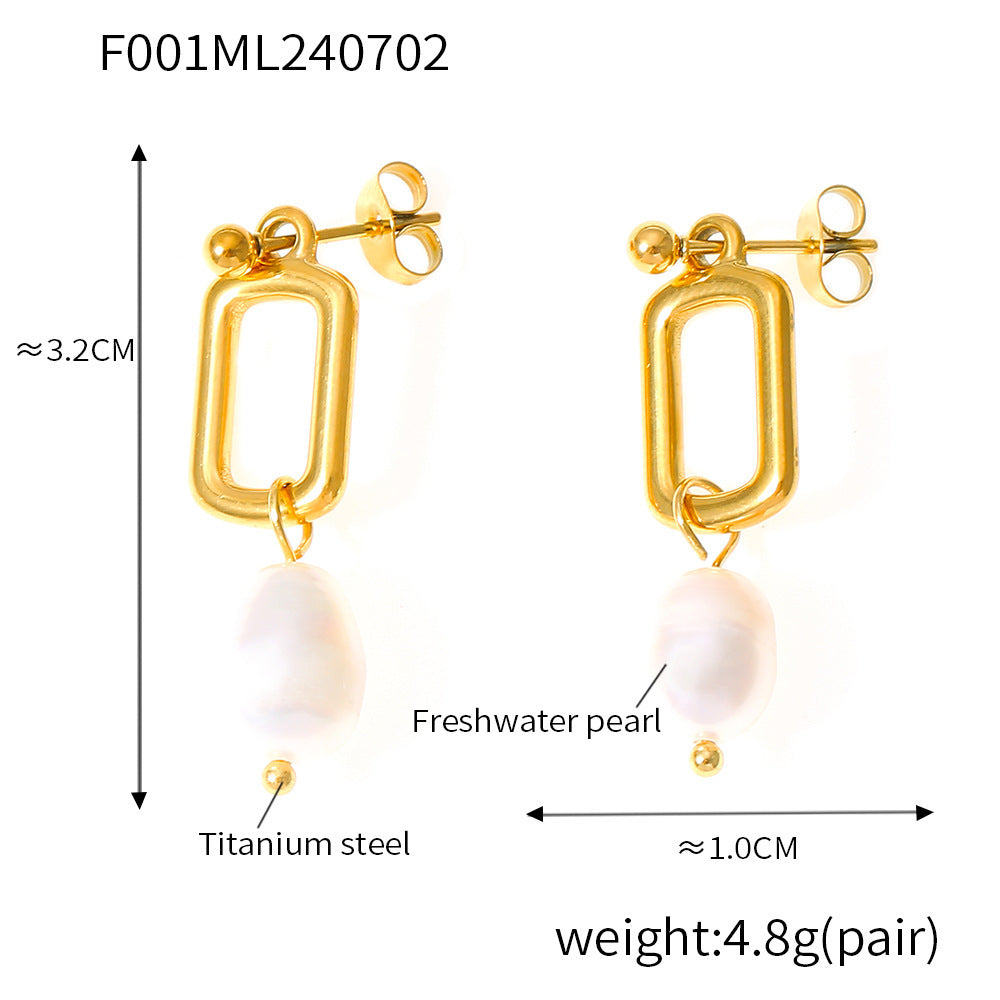 B廠【F001】歐美跨國復古簡約設計淡水珍珠流蘇方形耳環鈦鋼鍍18k金飾品 24.07-2