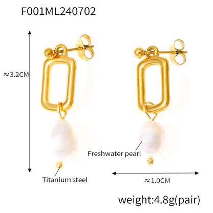 B廠【F001】歐美跨國復古簡約設計淡水珍珠流蘇方形耳環鈦鋼鍍18k金飾品 24.07-2