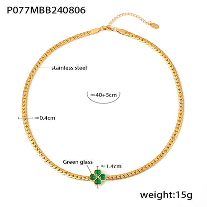 B廠【P077】跨境四葉花愛心玻璃石套裝2024全新歐美不鏽鋼耳環項鍊手鍊三件套 24.08-3