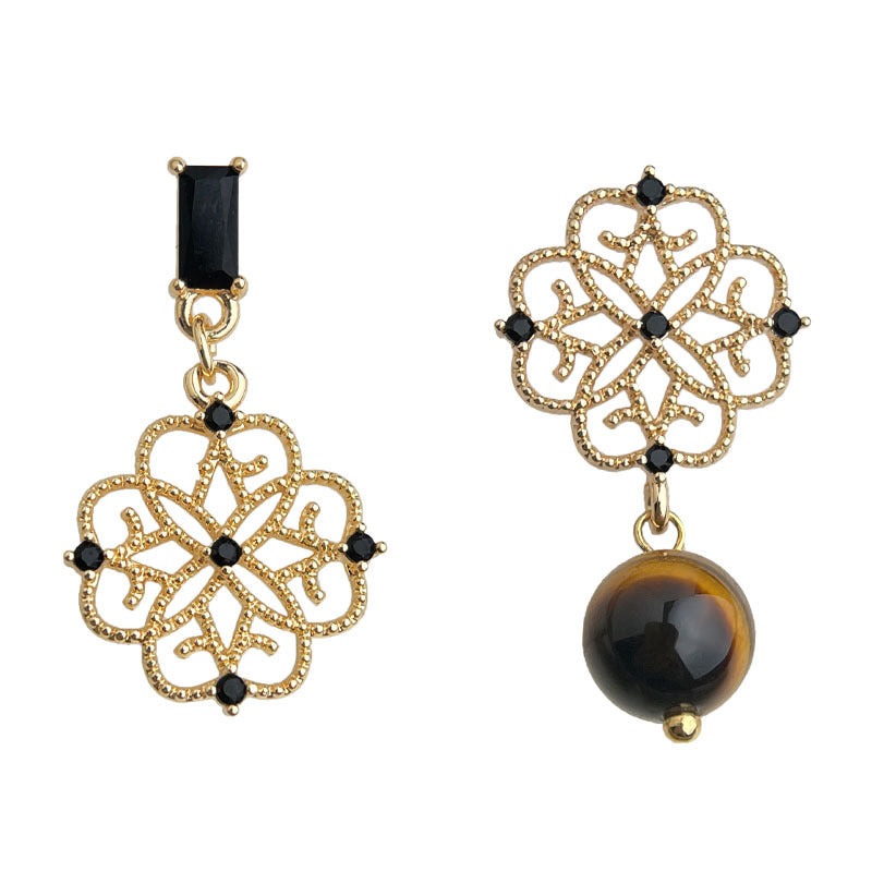 C廠【6952】高級感虎眼石微鑲鋯石925銀針不對稱設計時尚紋理幾何耳飾 耳環女
 25.10-4