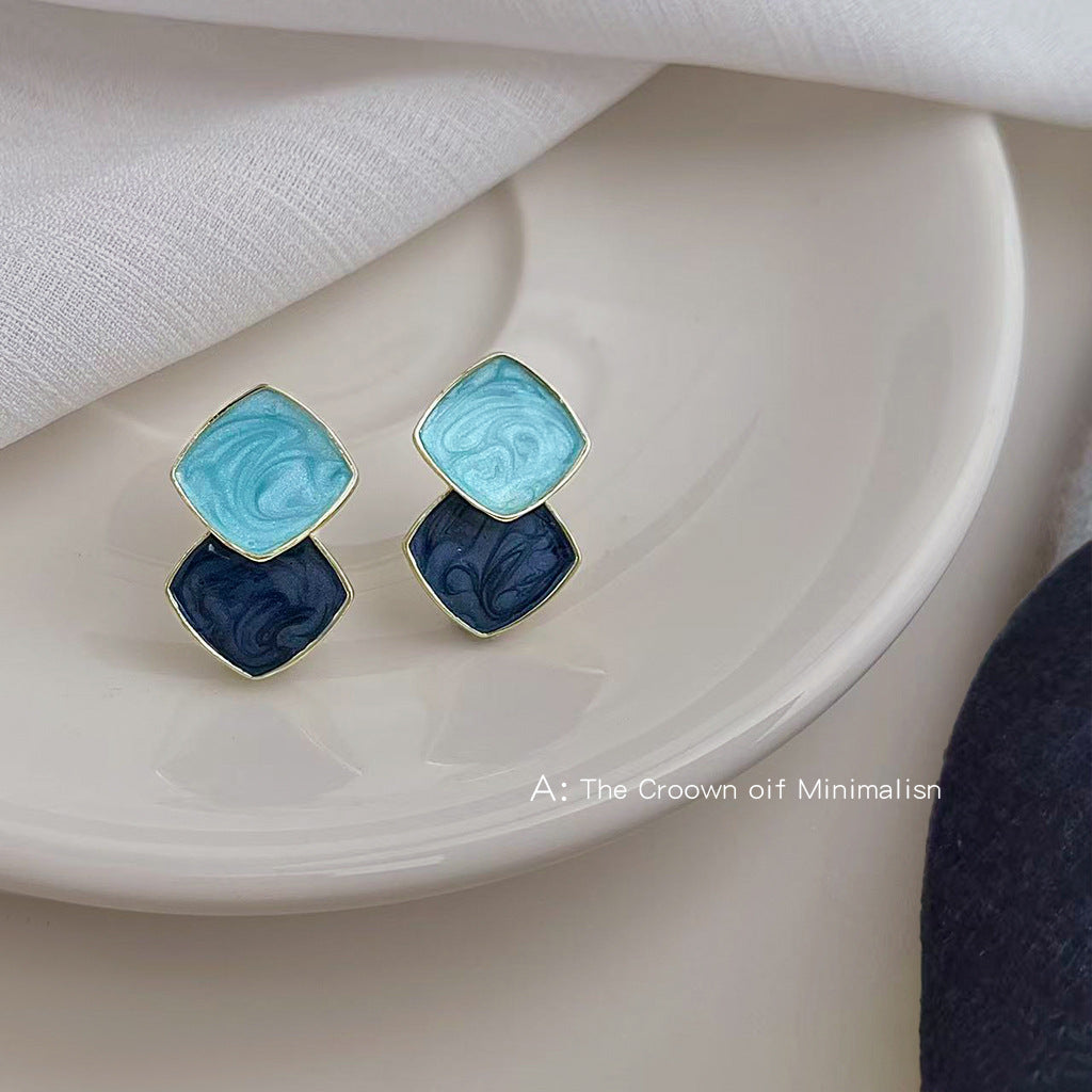 A廠【6767】清新甜美撞色海藍霧霾藍幾何方形立體耳飾新款義烏飾品耳環女
 25.12-3