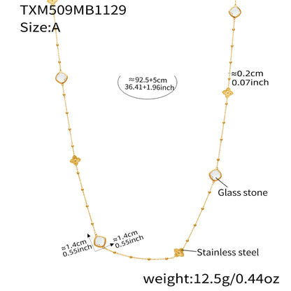 B廠【TXP509】不銹鋼四葉花鑲鋯石切面包邊石頭手鍊長款毛衣鏈項鍊耳環首飾套裝
 25.12-1
