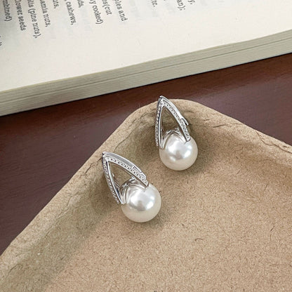 E廠【XDQ11059E】S925純銀輕奢仿珍珠馬蹄耳扣女時尚優雅鑲鑽V型耳環氣質耳飾
 26.03-2