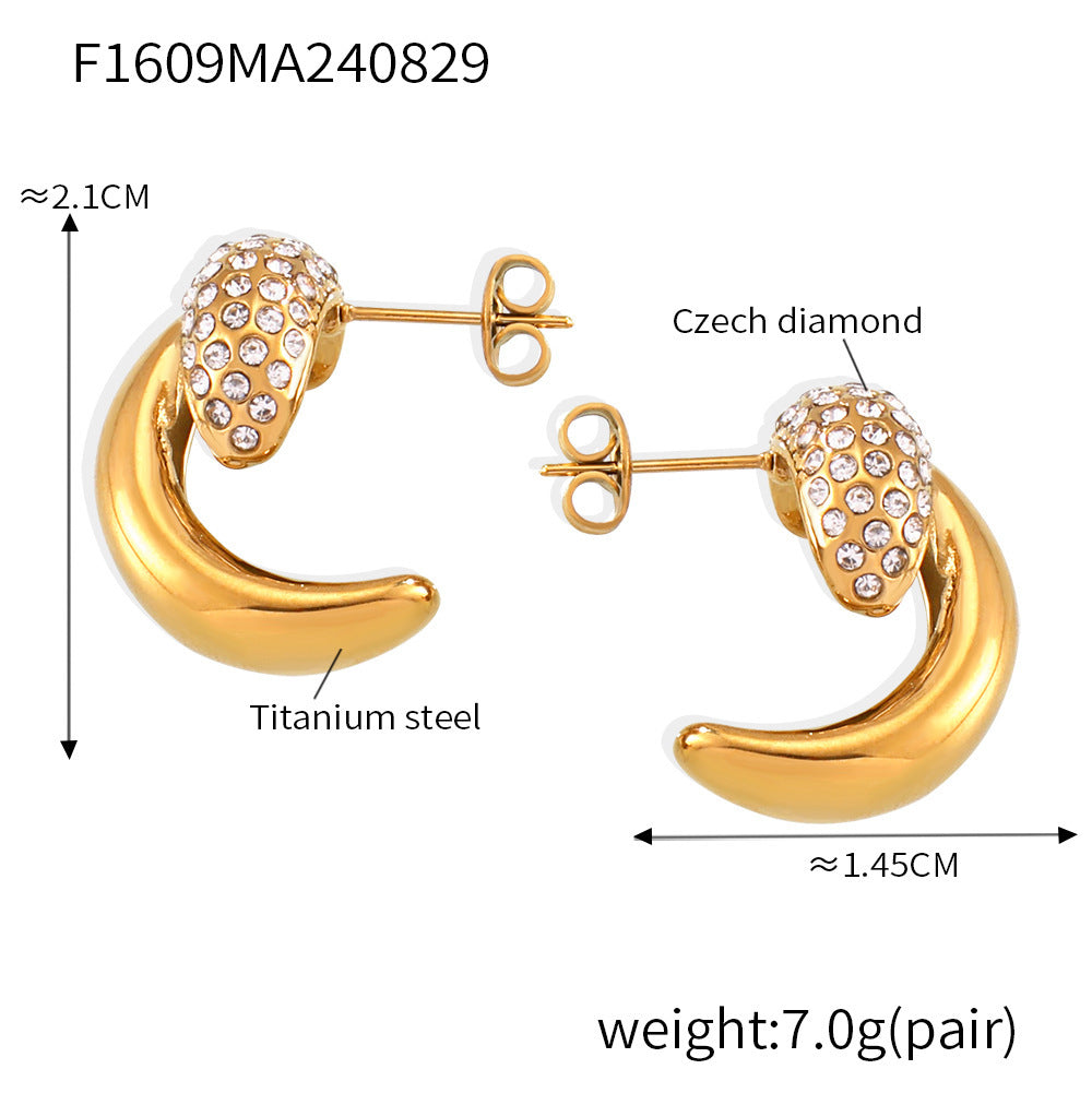 B廠【F1609】歐美跨境熱銷月牙彎彎創意拼鑽耳環精緻個性鈦鋼鍍18k真金耳飾品 24.09-1