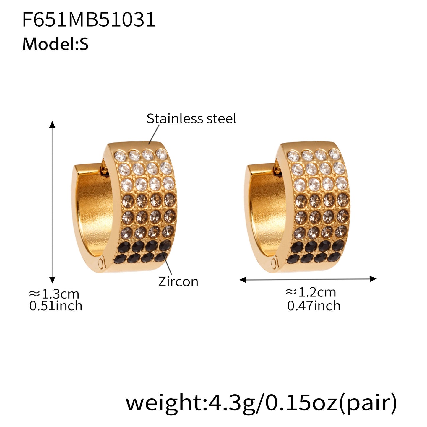 B廠【F651】彩鑽四排鋯石精緻卡扣耳環不鏽鋼鍍18k金時尚百搭個性耳飾
 25.11-1