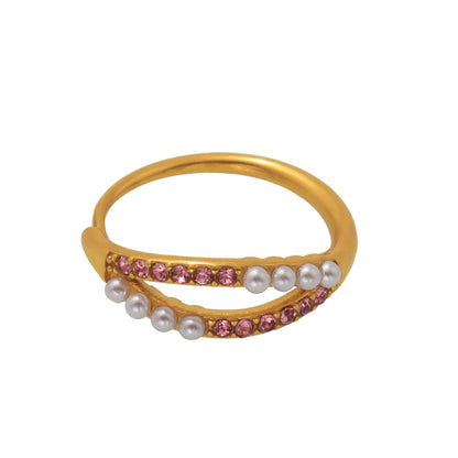 B廠【A030】ins跨境熱銷款幾何雙層貝珠水鑽側開口可調整不鏽鋼戒指女 25.04-4