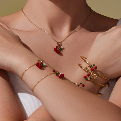 B廠【TXP407】跨境新品不鏽鋼滴油彩色櫻桃吊墜耳環項鍊手鍊戒指手鐲套裝
 25.09-4