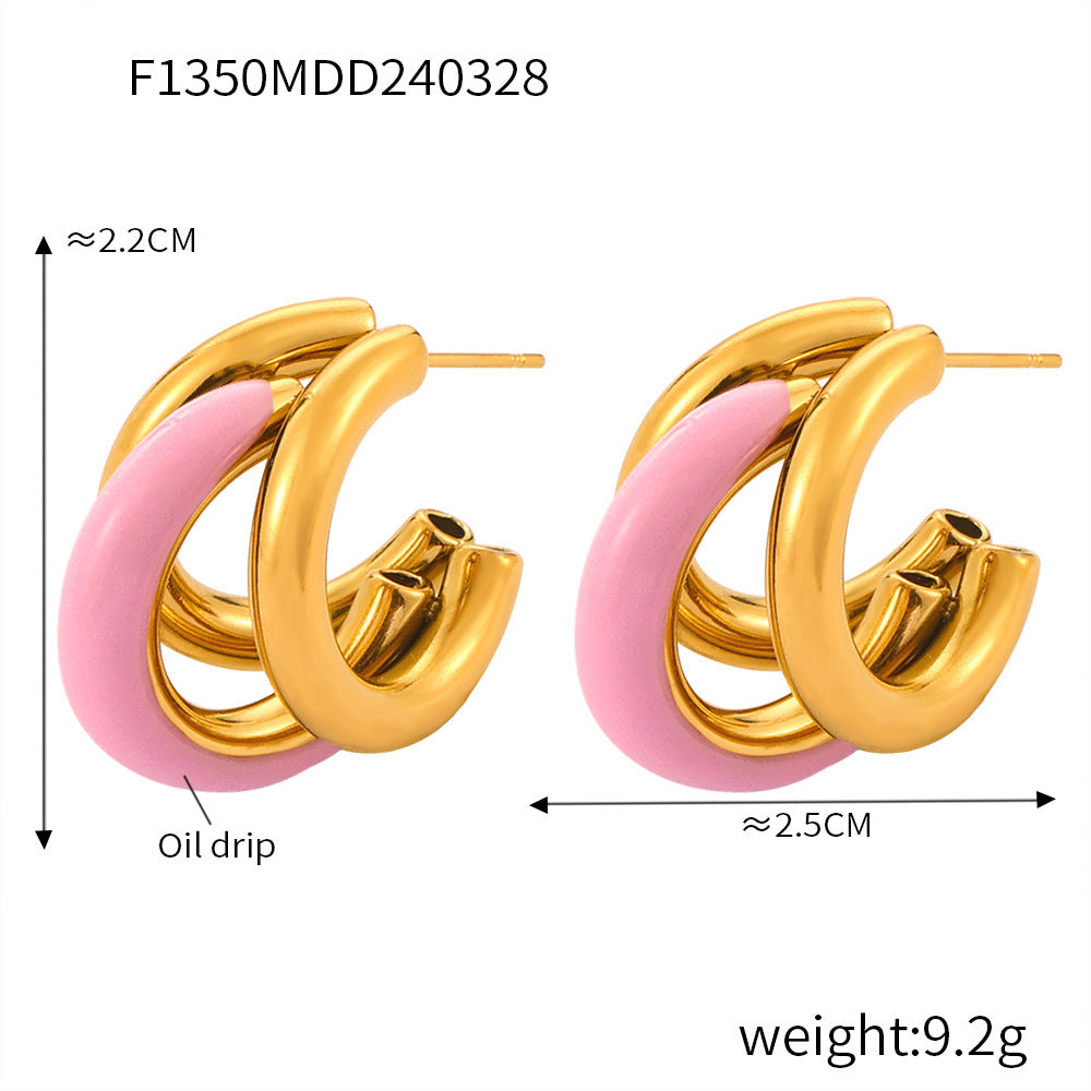 B廠【F1350】鈦鋼鍍18k金滴油C型耳環韓國清新時尚耳環氣質百搭耳飾女款 24.04-2