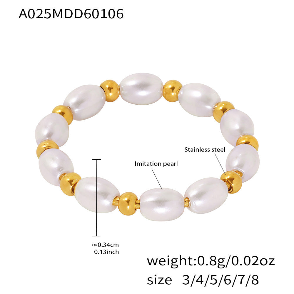 B廠【A025】歐美跨國ins輕奢簡約貝珠手工串珠戒指不鏽鋼鍍18k金百搭時尚飾品
 26.01-2